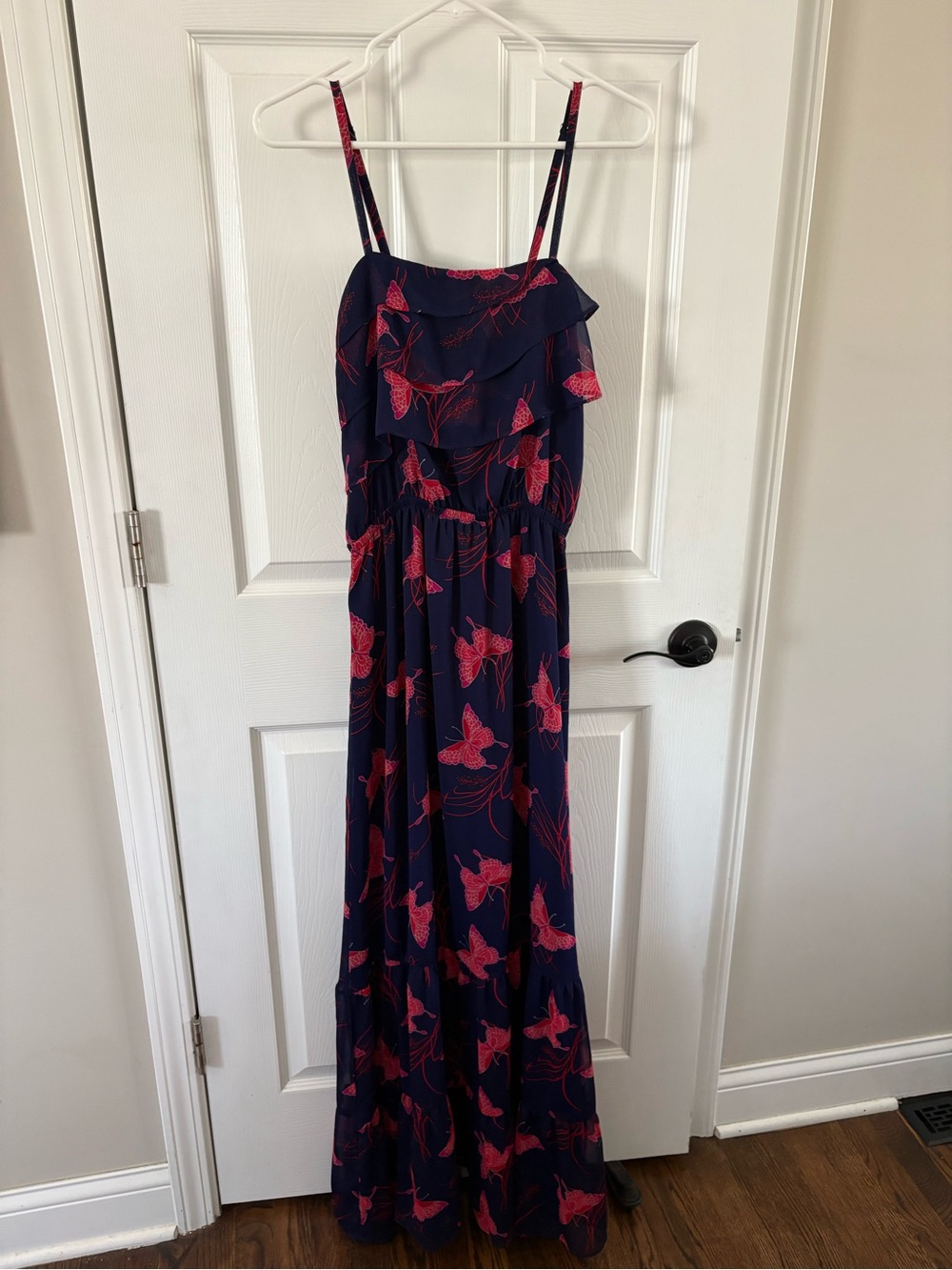 Express Navy & Pink Floral Maxi Dress with Ruffle Bodice